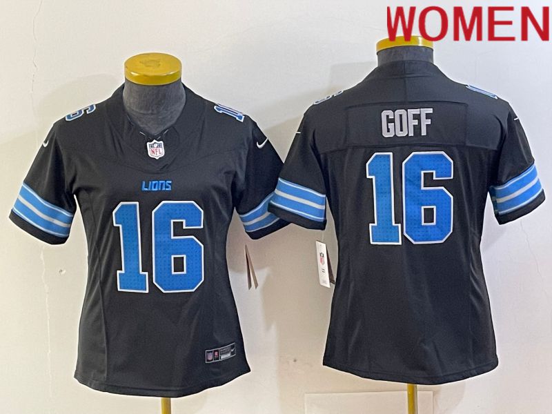 Women Detroit Lions 16 Goff Black Three generations 2024 Nike Vapor F.U.S.E. Limited NFL Jersey